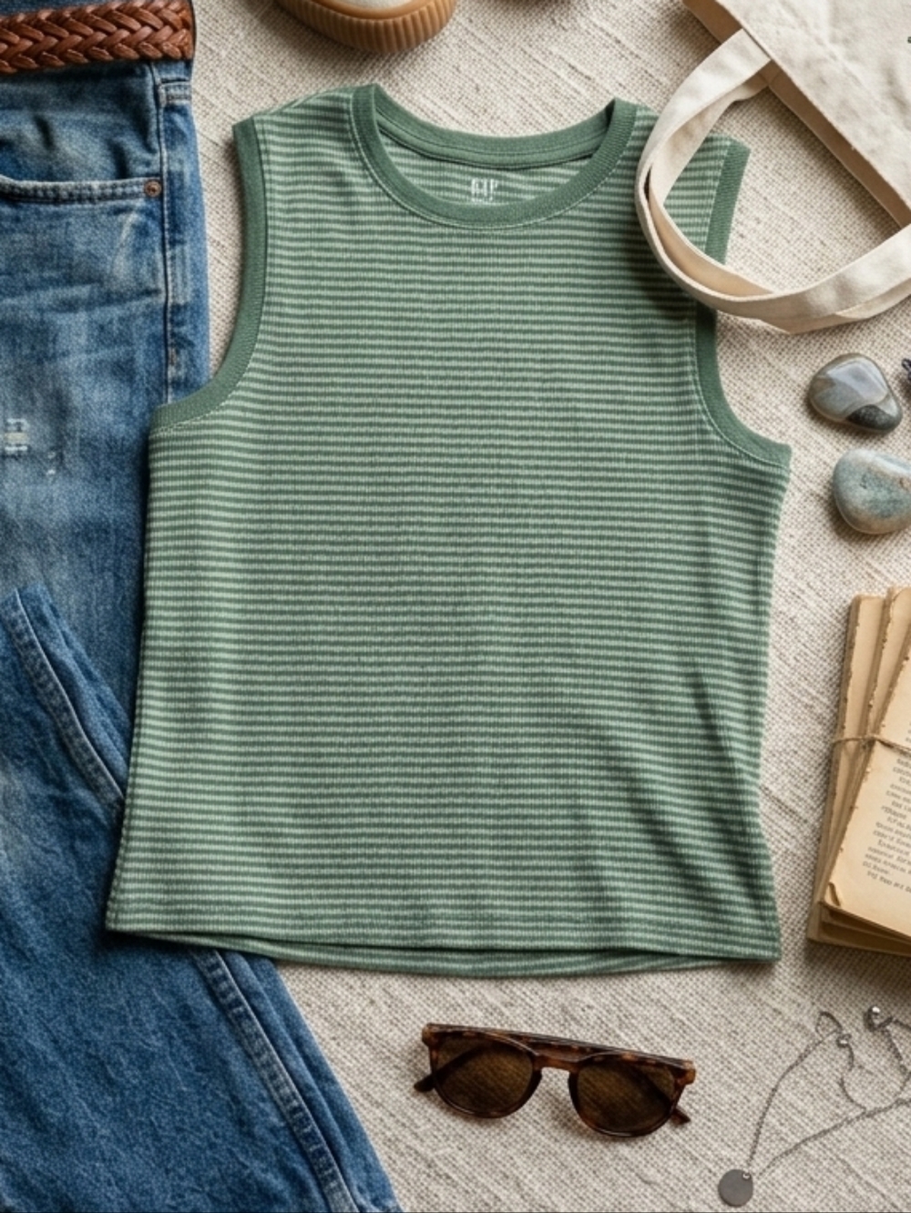 GAP Green Striped Cropped Tank Top